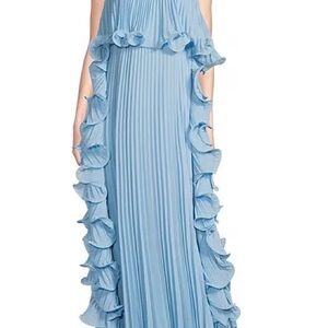 Badgley Mischka StraplessConcealed Zip Hook Ruffled Pleated Chiffon Shift Gown